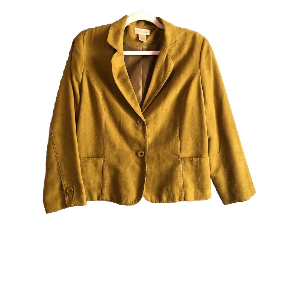 Studio Works Womens Jacket 14P Green Faux Suede Lined Long Sleeve Blazer Pockets
